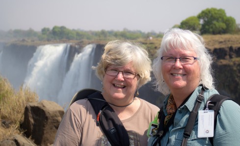 Joan Higbee and Darla Davis at Victoria Falls